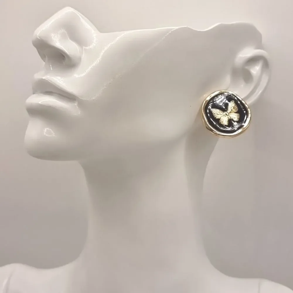 New! Vintage Style Black Enamel Gold Butterfly Stud Earrings Gold Plated A4 NWOT